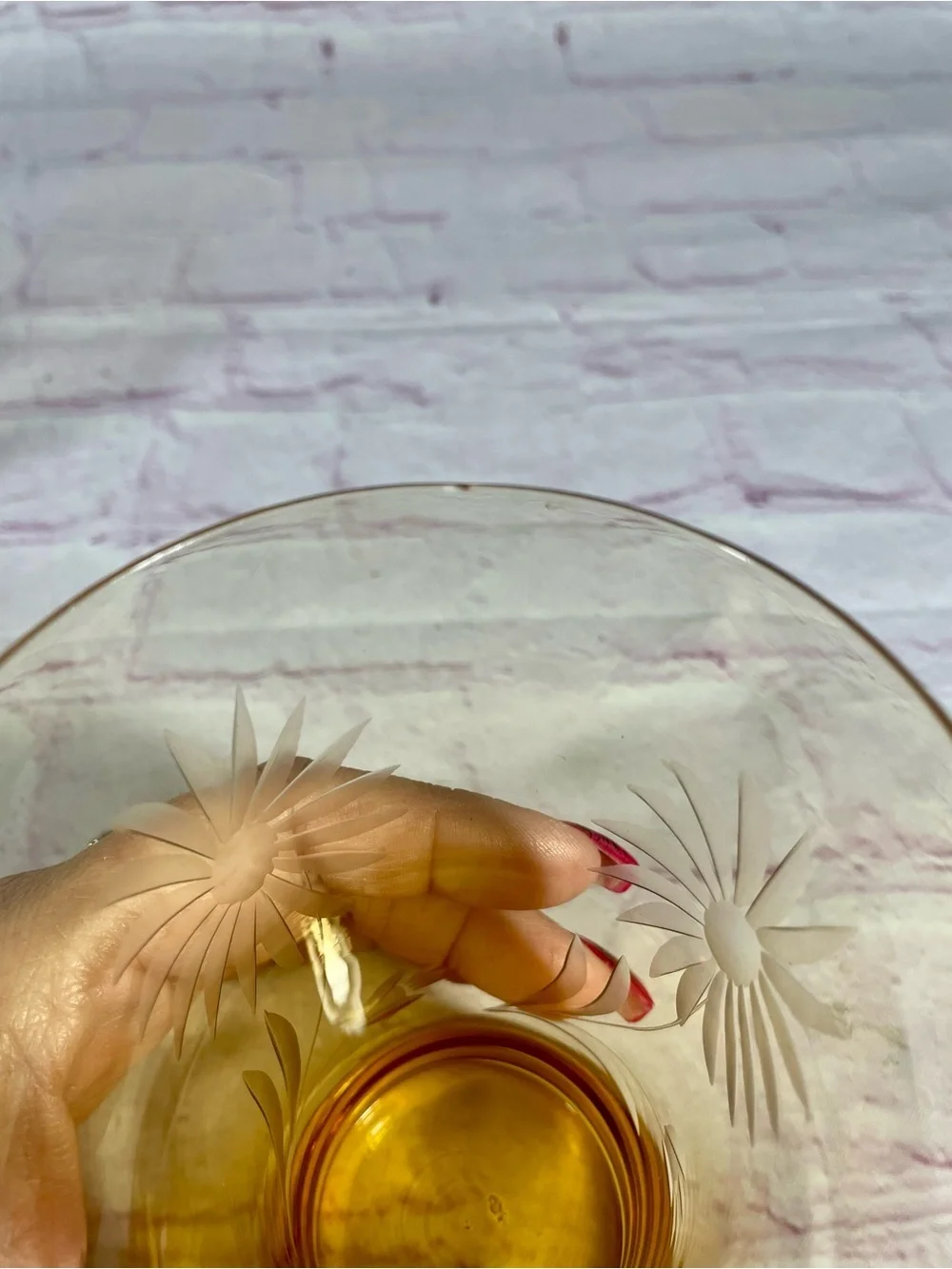 Vintage Amber Glass Etched Floral Tumbler Pair